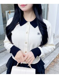 12G衿付配色金釦ニットカーディガン INGNI イング トップス カーディガン グレー ネイビー ホワイト ブラック ピンク[Rakuten Fashion]