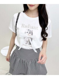 装飾リボン付ねこTシャツ INGNI イング トップス カットソー・Tシャツ グレー ホワイト ピンク[Rakuten Fashion]