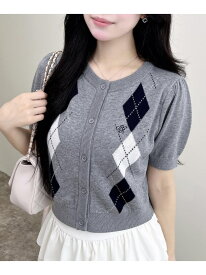 アーガイル半袖ニット INGNI イング トップス カーディガン ベージュ レッド グレー ブラウン[Rakuten Fashion]