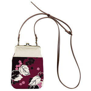 亥之吉 4寸縦型ポシェットがま口 つたかずら 蔦葛 紺 紅紫 花柄 調節できる合皮ショルダー付き ミニショルダーバッグ オリジナルテキスタイル 大きめスマートフォンポーチ 和柄 和モダン