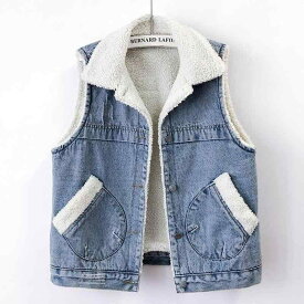 デニムベスト レディース 裏起毛 ボア 厚手 暖かい ジレ トップス ノースリーブ ジャケット アウター 立ち襟 防寒 重ね着 レイヤード 秋冬 カジュアル 通学 デート ゆったり 体型カバー 大人 かわいい おしゃれ ブルー