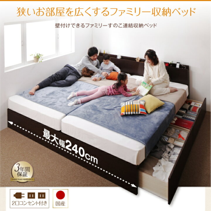 楽天市場 組立設置付 壁付けできる国産ファミリー連結収納ベッド ベッドフレームのみ B S A Sd タイプ ワイドk2 インテローグ