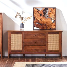キャビネット サイドボード ウォールナット ホテルライク 天然木 無垢材 ナチュラル 和モダン リビングボード 完成品 おしゃれ カップボード 幅150 ラタン レトロ 収納家具 インテリア家具 リビング収納 木目調 空間演出 インテリア性 便利 シンプルデザイン 北欧デザイン
