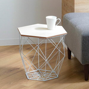 バスケット 六角テーブルバスケット ふた付き テーブル ( 幅41×奥行35.5×高さ38cm サイドテーブル かご カゴ バスケット収納 ベッドサイド ソファサイド 収納 ミニテーブル 収納付き ワイヤ