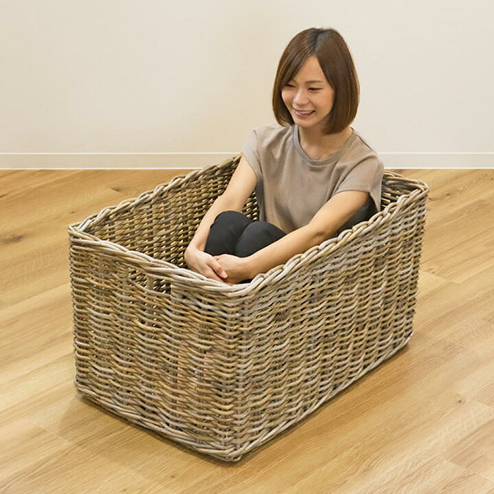 楽天市場】バスケット ラタン 幅86×奥行56×高さ46 持ち手付き かご  