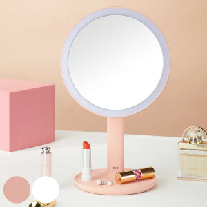 ミラー ライト付き EKO 卓上ミラー LED 明るさ調整 ( 3段階調節 コードレス スタンドミラー 卓上鏡 ライト 照明 丸 メイクミラー 化粧鏡 角度調整 充電式 卓上 LEDミラー メイク 化粧 )【39ショ