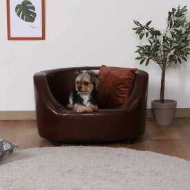 ペットソファ 幅66.5cm レザー調 クッション カバー （ ペットベッド 犬 猫 ペット家具 ペット用 ベッド ソファー おしゃれ ヴィンテージ調 ベロア調 小型犬 中型犬 ブラウン 完成品 ）【39ショップ】