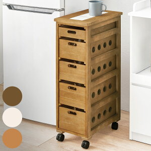 キッチンストッカー 幅25cm 5段 スリムタイプ タイルトップ 桐製 キャスター付 ( ストッカー キッチンワゴン 収納 ラック ワゴン スリム 完成品 引き出し 隙間収納 5杯 棚 タイル天板 桐 木製