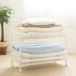 布団収納ラック 2段 スリムタイプ 奥行46cm ( 布団 シングル 収納 寝具 ラック 台 ワゴン キャスター付き 収納ラック 6段階 高さ調節 押し入れ クローゼット 通気性 棚 ふとん収納 白 ホワイト