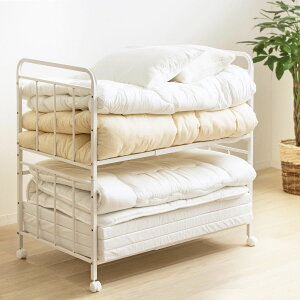 布団収納ラック 2段 奥行深型 ノーマルタイプ 奥行68cm ( 布団 シングル 収納 寝具 ラック 台 ワゴン キャスター付き 収納ラック 6段階 高さ調節 押し入れ 通気性 棚 ふとん収納 白 ホワイト