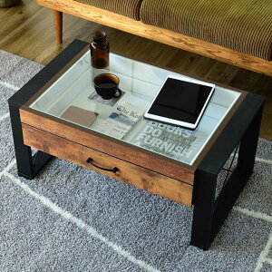 ローテーブル 幅75.5cm コレクションテーブル レトロ調 ブルックリンスタイル ( テーブル 机 リビングテーブル 引き出し 収納 センターテーブル つくえ コーヒーテーブル ガラステーブル ガ