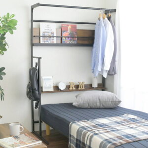 ベッド上 ハンガーラック 幅110cm ヘッドボード ( 衣類収納 棚 ラック ハンガー 後付け ベッドサイド ポールハンガー コート掛け ディスプレイ 飾り棚 マガジンラック 収納 家具 )【39ショッ