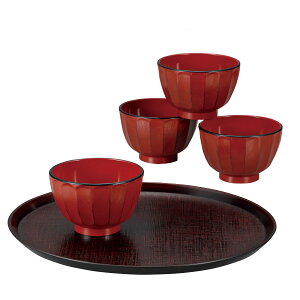 汁椀 抗菌 根来 4個入 盆付き ( 電子レンジ対応 食洗機対応 BPAフリー お椀 碗 味噌汁碗 お盆 おしゃれ 軽い 割れにくい 抗菌加工 味噌汁 みそ汁 スープ )【39ショップ】