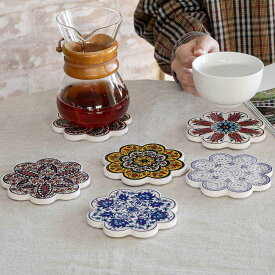 コースター 11cm IZNIK タイルコースター 陶器 （ トルコ陶器 トルコ イズニック製 イズニク タイル 茶托 トルコ雑貨 トルコタイル キッチン雑貨 キッチン用品 花形 花柄 エスニック 花瓶敷き アクセサリー クッション付き ）【39ショップ】