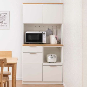 キッチンボード 幅89.5cm コンセント付 フルスライドレール 日本製 ( 食器棚 ホワイト 木目調 可動棚 家電 レンジ台 キッチン収納 スライド棚 3口コンセント 電子レンジ 炊飯器 白 収納 90cm )