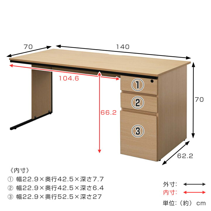 楽天市場】ワークデスク 幅140×奥行70cm 片袖机 メラミン 鍵付き 