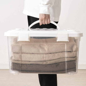 収納ボックス 幅50×奥行36×高さ29cm フタ付き 持ち手付き プラスチック （ 収納ケース 収納 衣類 小物 キャスター付き 片開き ロック式 積み重ね 持ち運び フタ 持ち手 付き 防災グッズ 食品 日用品 ストック おもちゃ ）【39ショップ】