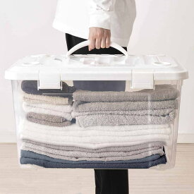 収納ボックス 幅58×奥行42×高さ34cm フタ付き 持ち手付き プラスチック 2個セット （ 収納ケース 収納 衣類 小物 キャスター付き 片開き ロック式 積み重ね 持ち運び フタ 持ち手 付き 防災グッズ 食品 日用品 ストック おもちゃ ）【39ショップ】