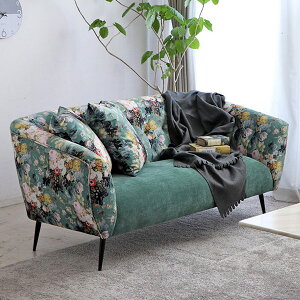 ソファ 幅160cm 二人掛け 花柄 ボタニカル柄 肘掛 脚付き ソファー ( 送料無料 2人掛け 肘付き リビングソファ 幅 160 クッション 2人用ソファ リビング アームソファ 2人用 グリーン ファブリ