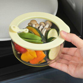 保存容器 電子レンジ対応 グラスコンテナ 500ml ライトイエロー （ ガラス 耐熱ガラス 密閉 食洗機対応 オーブン対応 冷蔵 冷凍 ガラス容器 食品保存 容器 耐熱容器 丸型 弁当箱 キャニスター 持ち運び 蓋付き 蒸気弁 ）【39ショップ】