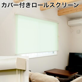 カバー付きロールスクリーン 規格サイズ 45×135cm　60×135cm 80×220cm 90×220cm 135×220cm 165×220cm 170×220cm 180×220cm オフホワイト グリーン ボックスタイプ・コードクリップ付き