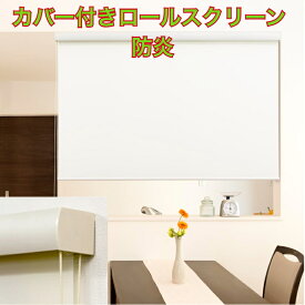 カバー付きロールスクリーン 防炎 規格サイズ 45×135cm　60×135cm 80×220cm 90×220cm 135×220cm 165×220cm 170×220cm 180×220cm オフホワイト ベージュ ボックスタイプ・コードクリップ付き
