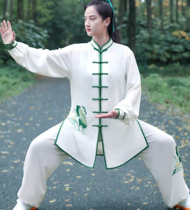 太極拳 ウェア 上下セット ゆったり 女性 動きやすい功夫 中華風 太極拳服 蓮 花柄柔らかい 肌に優しい レディース 武術服 カンフー 大きいサイズ ウーシュー チャイナ服 武術 太極拳 功夫 練功服 大極拳パンツ 文化祭 学園祭 イベント 演出服 スポーツウェア