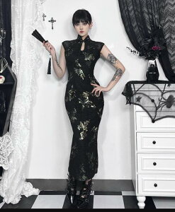 ハロウィン衣裳 立ち襟 ロング丈 チャイナドレス レディース ハロウィン コスプレ 仮装 ゴシック 暗黒風 ドレス レースジャカード 花柄 光沢あり コスチューム 女性 セクシードレス エスニ