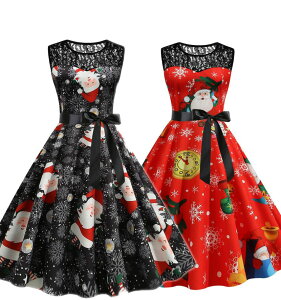 クリスマスドレス レースレトロワンピース クリスマス元素プリント 袖なしドレス 仮装 変装2色 コスプレ衣装 大きい裾 広がる サンタクロース柄 プリント ハロウィンドレス 膝丈 ドレス レ