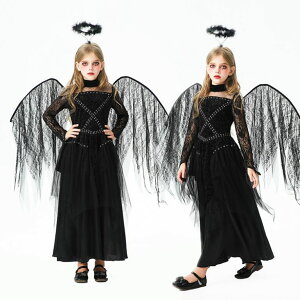 子供コスプレ衣装 天使 ロング丈ワンピース 暗黒系 コスチューム お姫様 ロリータ ワンピース 翼付き 女の子 ハロウィン 衣装 アリス アニメ ハロウィン 仮装 子供 面白い ハロウィン コス