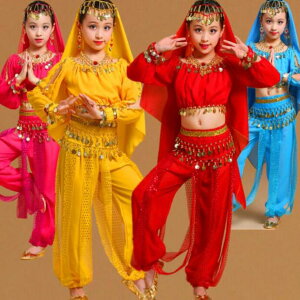 キッズベリーダンス衣装 子供 女の子 アラビアン コスチューム ジャスミン風 ベリーダンス 衣装 キッズ コインのストラップ スパンコール きらきら 長袖 アラジンパンツ セット パーフォマ