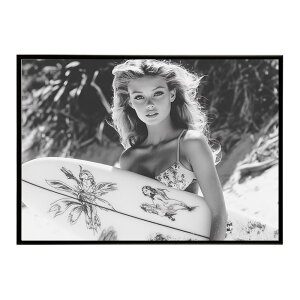 サーフガール モノクロ 海 サーフィン サーフボード 美女 1980s レトロ セピア ポスター インテリア おしゃれ プリントポスター フォト オシャレ アート 写真 ビーチ 海岸 夏 お洒落 a0 a1 a2 a3 a4