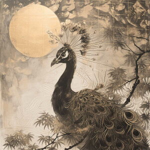 縁起物 孔雀 クジャク 正方形ポスター 豪華 絵画風 掛け軸風 浮世絵 金運 開運 グッズ 魔除け 鬼門 風水 幸せ 幸福 金 ゴールド 福 四角 デザイン ポスター スクエア インテリア デザイン プリ