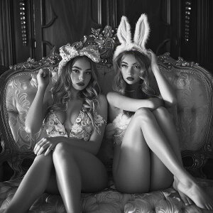 バニーガール モデル ポートレート ガールズフォト モノクロ 白黒 写真 女性モデル セクシー イースター うさぎ 正方形ポスター 四角 デザイン ポスター スクエア インテリア デザイン プリ
