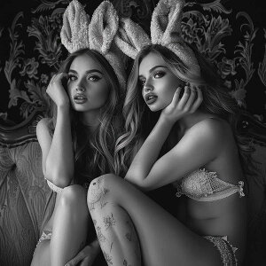 バニーガール モデル ポートレート ガールズフォト モノクロ 白黒 写真 女性モデル セクシー イースター うさぎ 正方形ポスター 四角 デザイン ポスター スクエア インテリア デザイン プリ