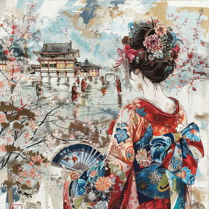 令和の浮世絵 和風 絵画 正方形ポスター 四角 版画 江戸 掛け軸 舞子 着物 女性 デザイン ポスター スクエア インテリア オフィス 住宅 店舗 お洒落 かっこいい【sq-poster-2773】
