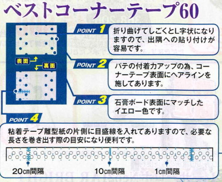楽天市場】ヤヨイ化学 ベストコーナーテープ60 クロス施工用 粘着付 巾 