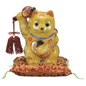 【代引不可】  【九谷焼】 6号小槌上げ小判招き猫・黄盛 (布団付)  K9-1649