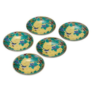 【代引不可】  【九谷焼】 3.2号皿揃・吉田椿に鳥  K9-68