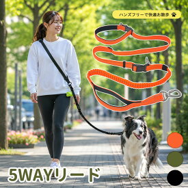 犬 リード ハンズフリー 肩掛け ショルダー 5WAY 多機能リード 大型犬 中型犬 小型犬 伸縮 バンジー ジョギング 反射付き