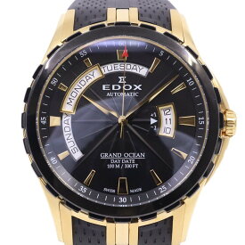 【中古】EDOX エドックス グランドオーシャン デイデイト 自動巻き メンズ 腕時計 ゴールドGP 黒文字盤 純正ラバーベルト 83006【いおき質店】