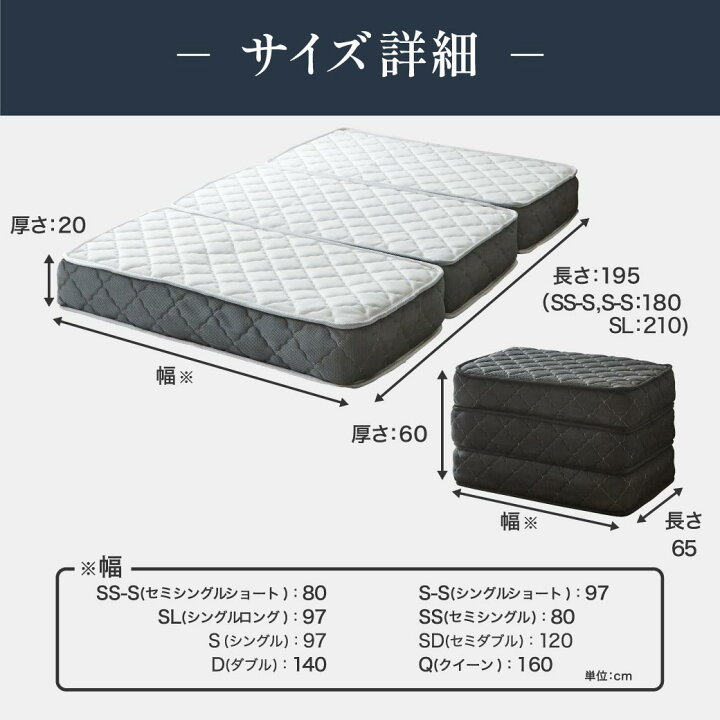 楽天市場】ポケットコイルマットレス 三つ折り 極厚20cm セミシングル 