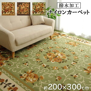 簡易 ラグマット/絨毯 【花柄 ブラウン 約200×300cm】 洗える 撥水加工 ナイロン オールシーズン対応 〔リビング〕【代引不可】 送料無料!