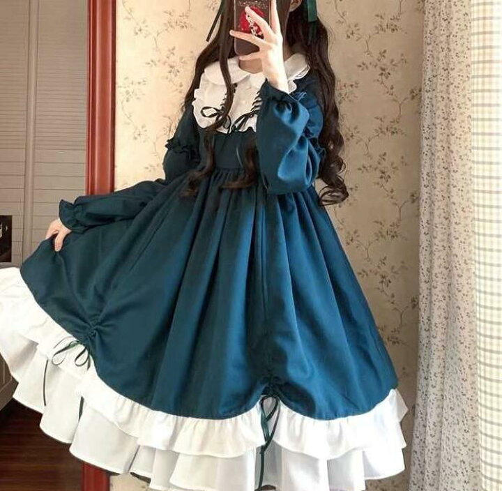新品 ロリータ ゴスロリ フリル フリーサイ フレア リボン レディース レトロ ロリータドレス ワンピース 姫系 森ガール 長袖 高級素材使用ブランド ワンピース