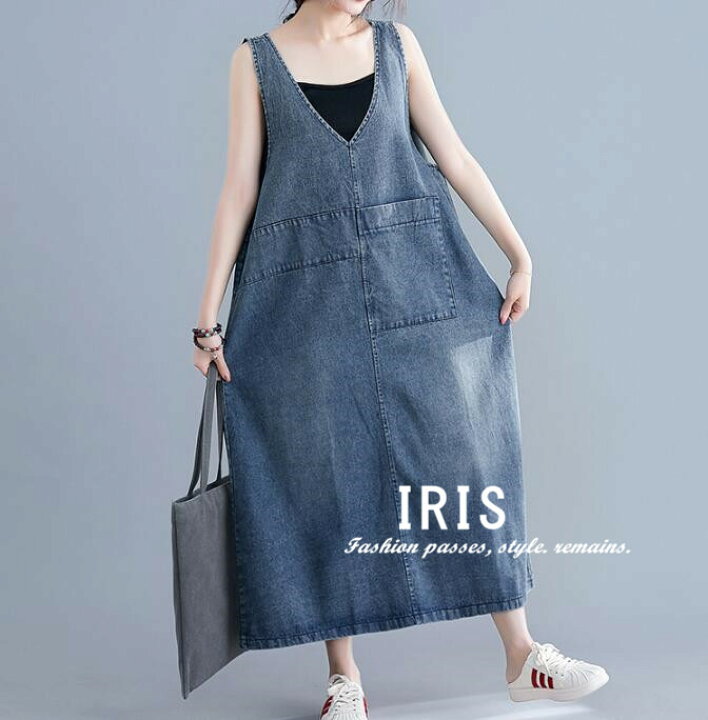 楽天市場 送料無料 Iris デニムワンピース レディース 体型カバー ゆるい ロング丈 ノースリーブ ｖネック ポケット 夏 着まわし カジュアル 通勤 人気 シンプル イーリス