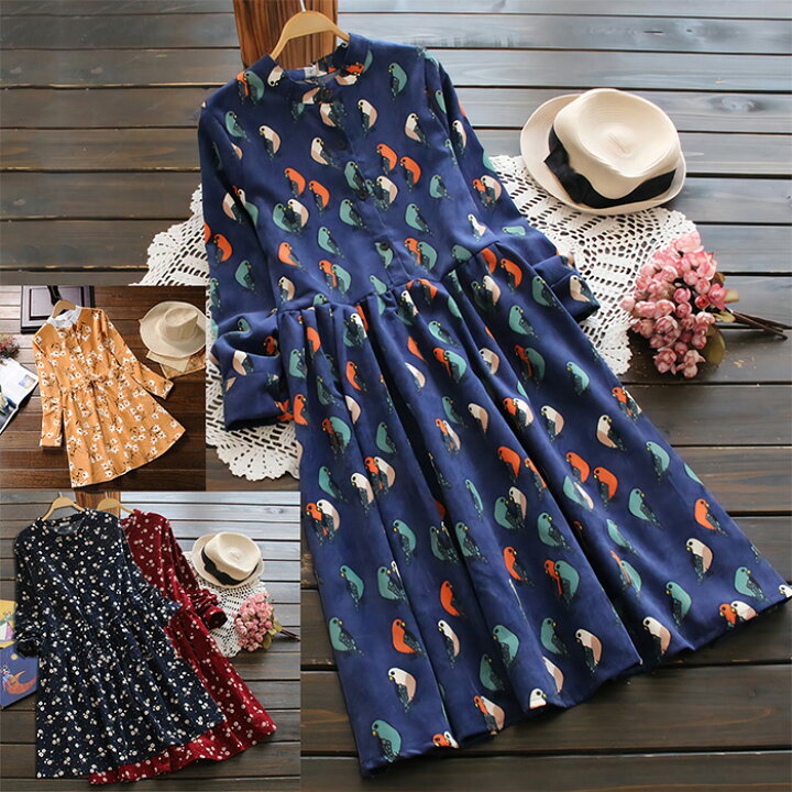 楽天市場 ワンピース 秋 コーデュロイ ネイビー 紺 S M L Xl Xxl レトロ ワンピース シャツ 膝丈 ワンピースレディース プリント 鳥柄 体型カバー マタニティ ミディアム 秋 ワンピース Aライン 森ガール お出かけ 長袖 春秋 秋物 秋服 きれいめ 大きいサイズ 30代40代50