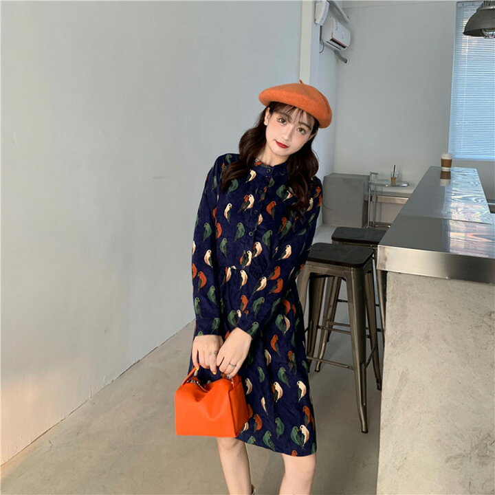 楽天市場 ワンピース 秋 コーデュロイ ネイビー 紺 S M L Xl Xxl レトロ ワンピース シャツ 膝丈 ワンピースレディース プリント 鳥柄 体型カバー マタニティ ミディアム 秋 ワンピース Aライン 森ガール お出かけ 長袖 春秋 秋物 秋服 きれいめ 大きいサイズ 30代40代50