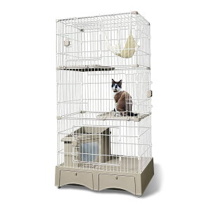 ペットケージ 猫ケージ 猫トイレ付 トイレ一体型キャットケージ 2段/3段(猫砂スコップ、ハンモック付き) グレー MB246 MB247上下運動 猫トイレ一体式 ペット用品 猫部屋 ハンモック 猫砂スコ