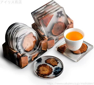 【送料無料】木製コースター レジン断熱パッド コップ敷き6枚セット 収納ケースが付き スター 円形 四角形 芸術品 アンティーク 感