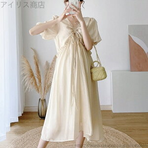 【送料無料】ワンピース ドレス Vネック パフスリーブ ふんわり ボリュームスリーブ フリル レースアップ お呼ばれ パーティー レディース 可愛い ママコーデ ママファッション ママ服 マタ